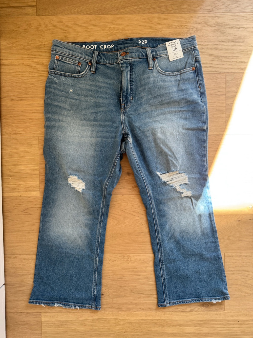 J. Crew Women's Light Blue Bootcut Crop Jeans with Distressed Knees